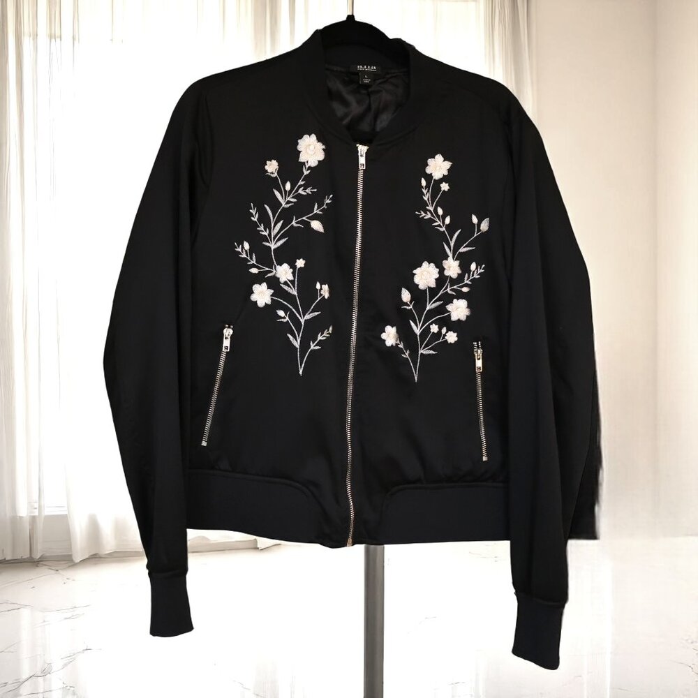 a.n.a Embroidered Floral Black Bomber Jacket - Size L